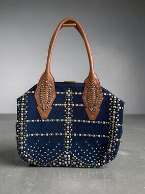 CLEVER CARRIAGE COMPANY Denim Studded Oversized Tote Bag